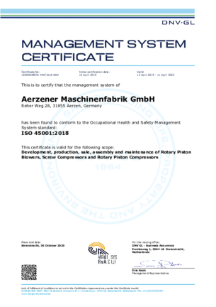 AERZEN Certificaat ISO 45001