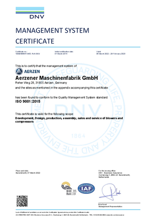 AERZEN 获得 DIN ISO 9001 认证证书