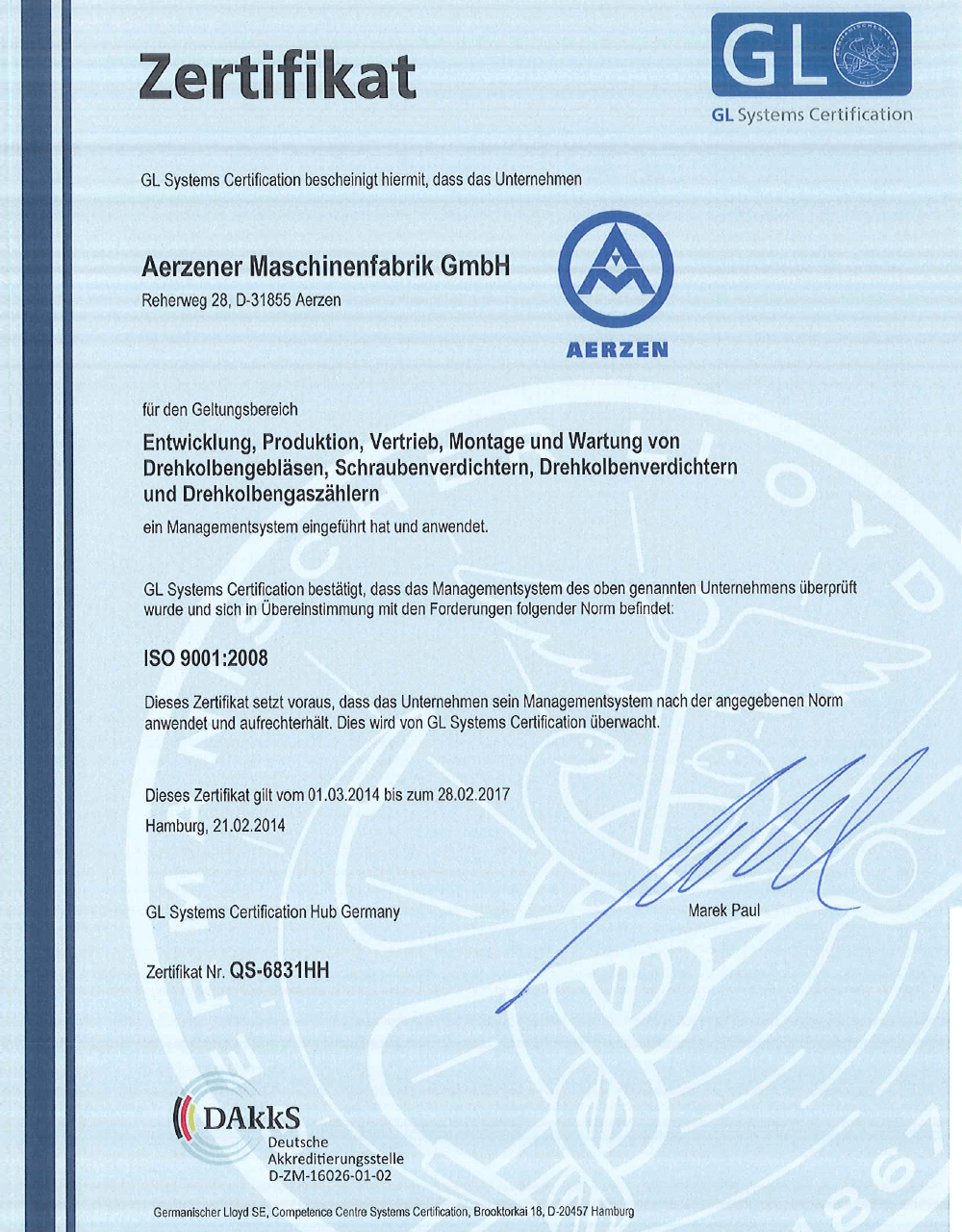Certificado de orientação para a qualidade em conformidade com DIN ISO 9001
