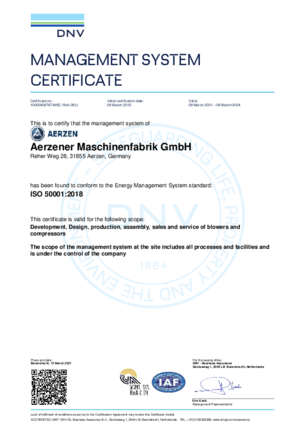 AERZEN 獲得 ISO 50001 認證證書