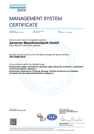 Certificado AERZEN ISO 22000