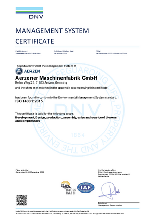 AERZEN 獲得 ISO 14001 認證證書