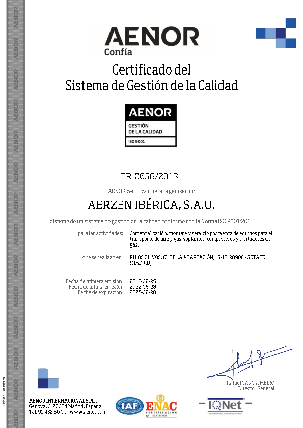 Certificado Sistema de Calidad ISO 9001
